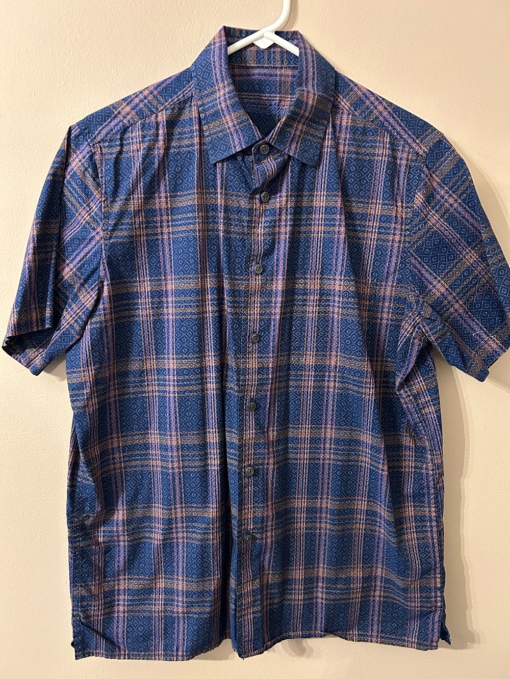 Tasso Elba Men's Navy and Pink Plaid Short-Sleeve Button-Down Shirt